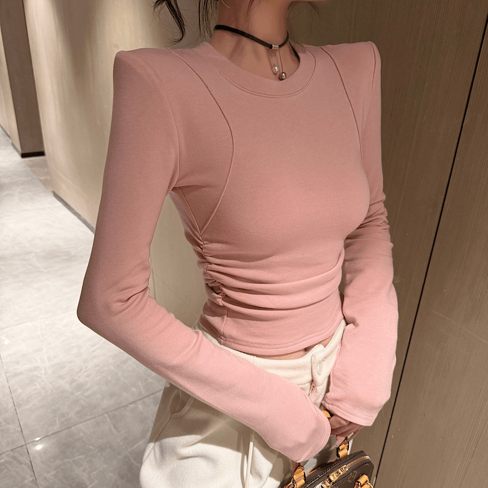 秋冬辣妹设计感鱼骨线长袖加绒T恤上衣女时尚修身显瘦内搭打底衫