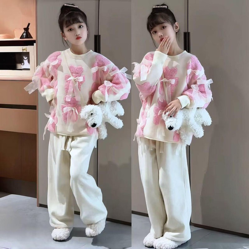 巴拉开门红多巴胺粉色新年高级感加绒套装女童秋冬甜美小熊蝴蝶结
