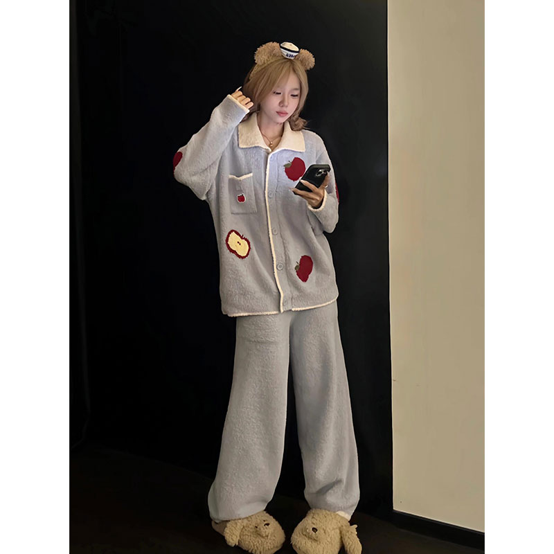 韩系甜美小苹果半边绒睡衣女秋冬季新款加厚保暖家居服可外穿套装