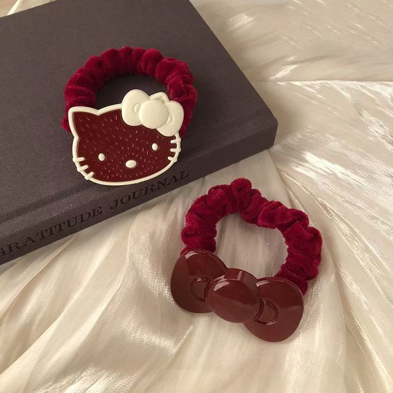 安可拉红色丝绒kt猫发圈可爱少女蝴蝶结头绳高弹力橡皮筋发绳发饰