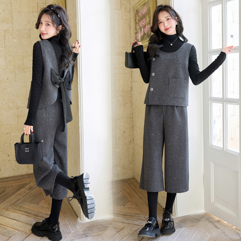 2026新款春装后背蝴蝶结马甲阔腿裤三件套套装两件套高级感轻奢高