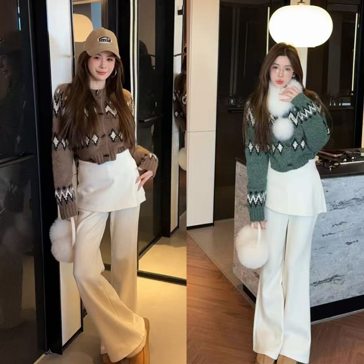 氛围感穿搭一整套女2025秋冬时尚费尔岛针织毛衣设计感裤子两件套