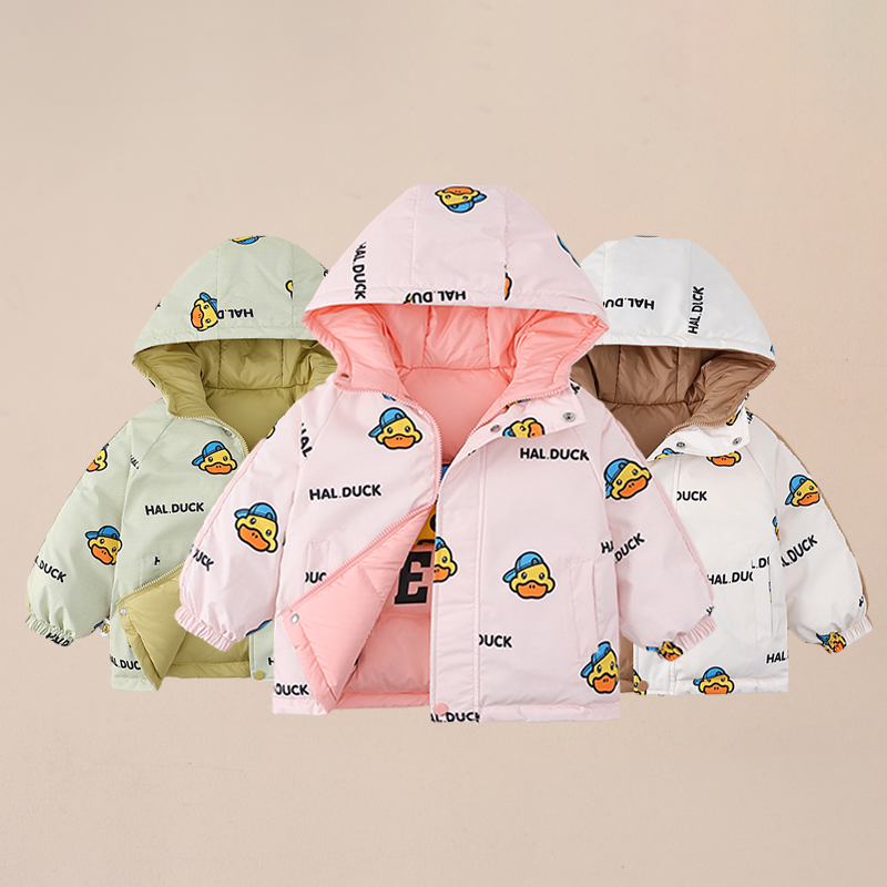 小黄鸭儿童羽绒服秋冬男女童双面穿拼色满印花时尚连帽外套