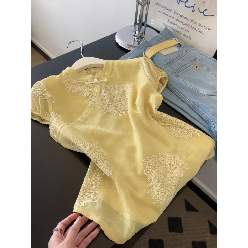 新中式复古提花盘扣短袖衬衫女夏2025气质禅意国风衬衣旗袍领上衣