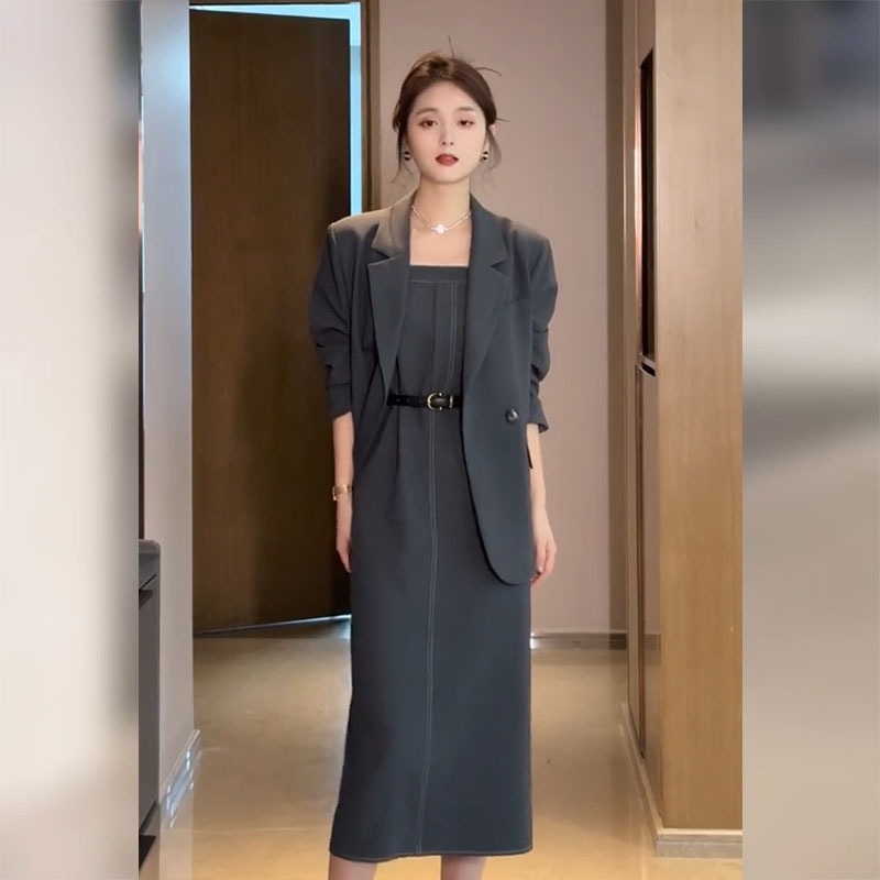 2612大码女装百搭西装套装胖mm高级感收腰减龄吊带连衣裙子两件套