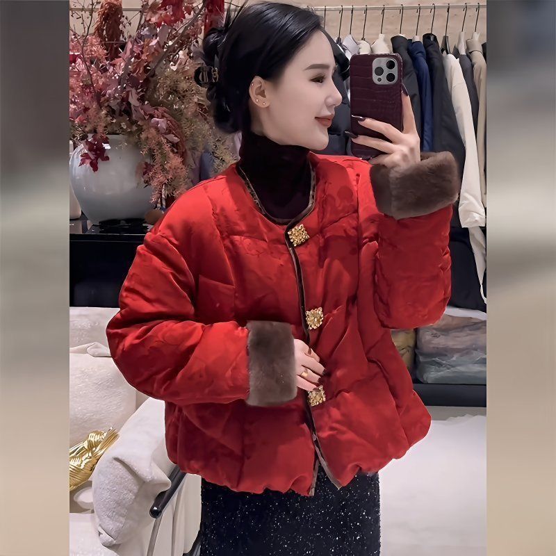 新中式轻奢复古毛边拼接短款唐装外套冬款中年女装气质加厚棉服女