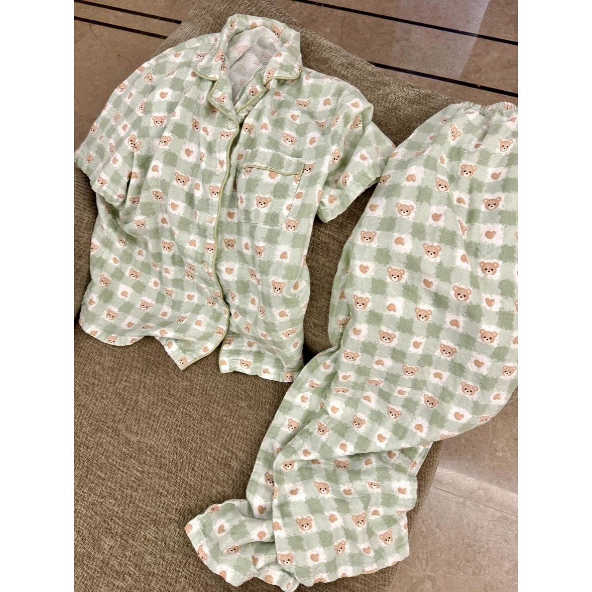 可爱格子小熊印花短袖睡衣女2025夏季新款软糯亲肤家居服大码套装