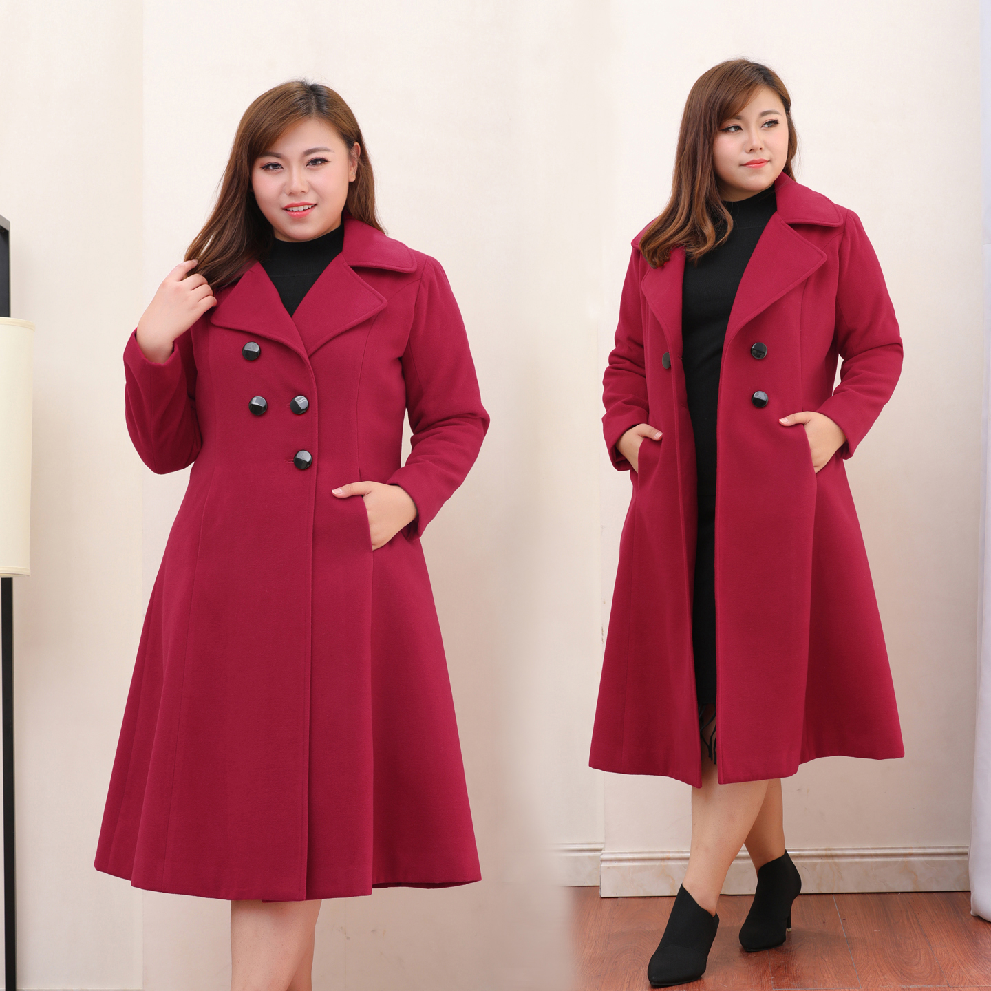 37492C中长款毛呢外套加肥胖mm大码女装开衫外套女女过膝呢子大衣