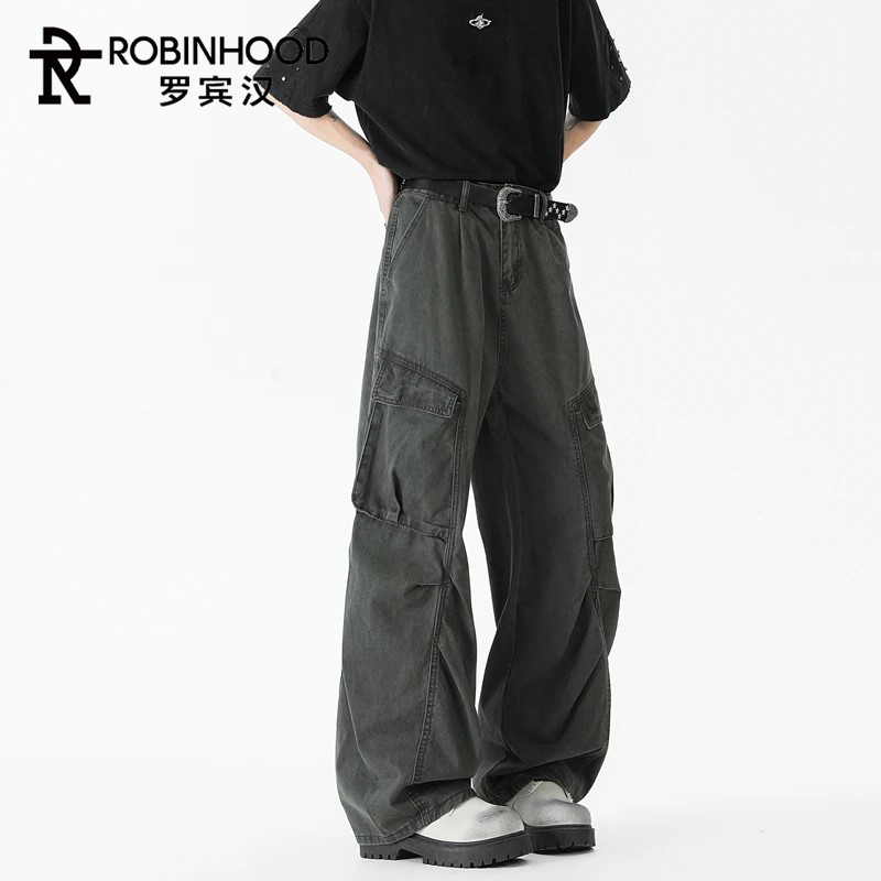 罗宾汉美式复古阔腿工装长裤直筒宽松秋季痞帅潮流男士休闲裤棉感