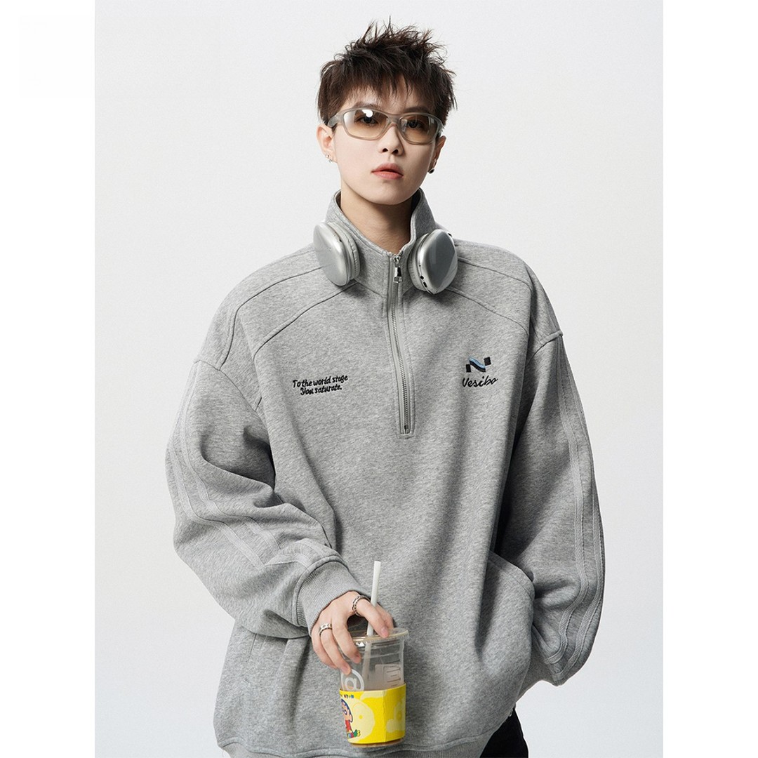 刺绣POLO衫男女秋冬新高街复古半拉链立领外套宽松运动加厚卫衣