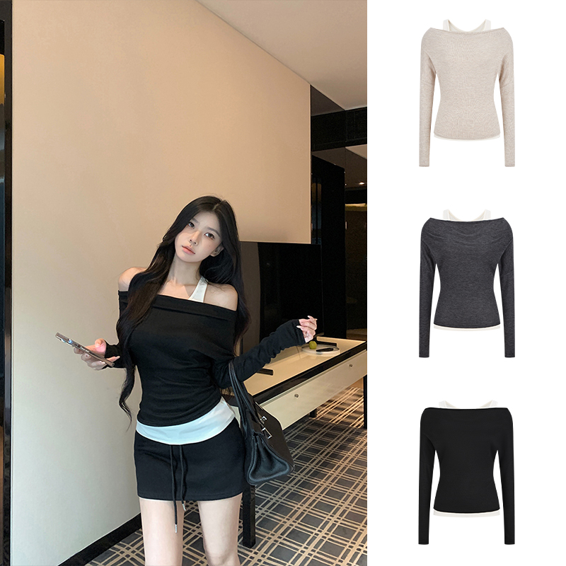 Moses Queen/魔西女王拼接假两件露肩长袖T恤女秋季修身撞色上衣