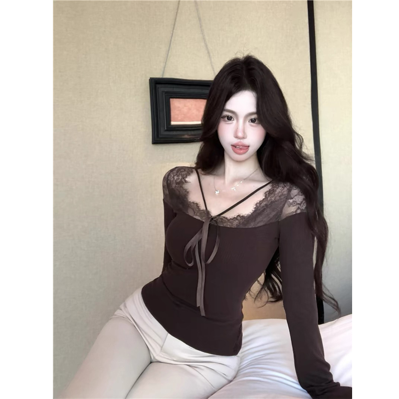 蕾丝拼接系带长袖T恤女冬季收腰修身内搭纯欲显瘦短款打底衫上衣