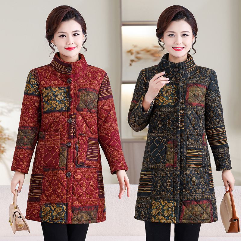 冬季外套中老年立领棉服保暖中长款加绒加厚大码新款棉袄妈妈棉衣