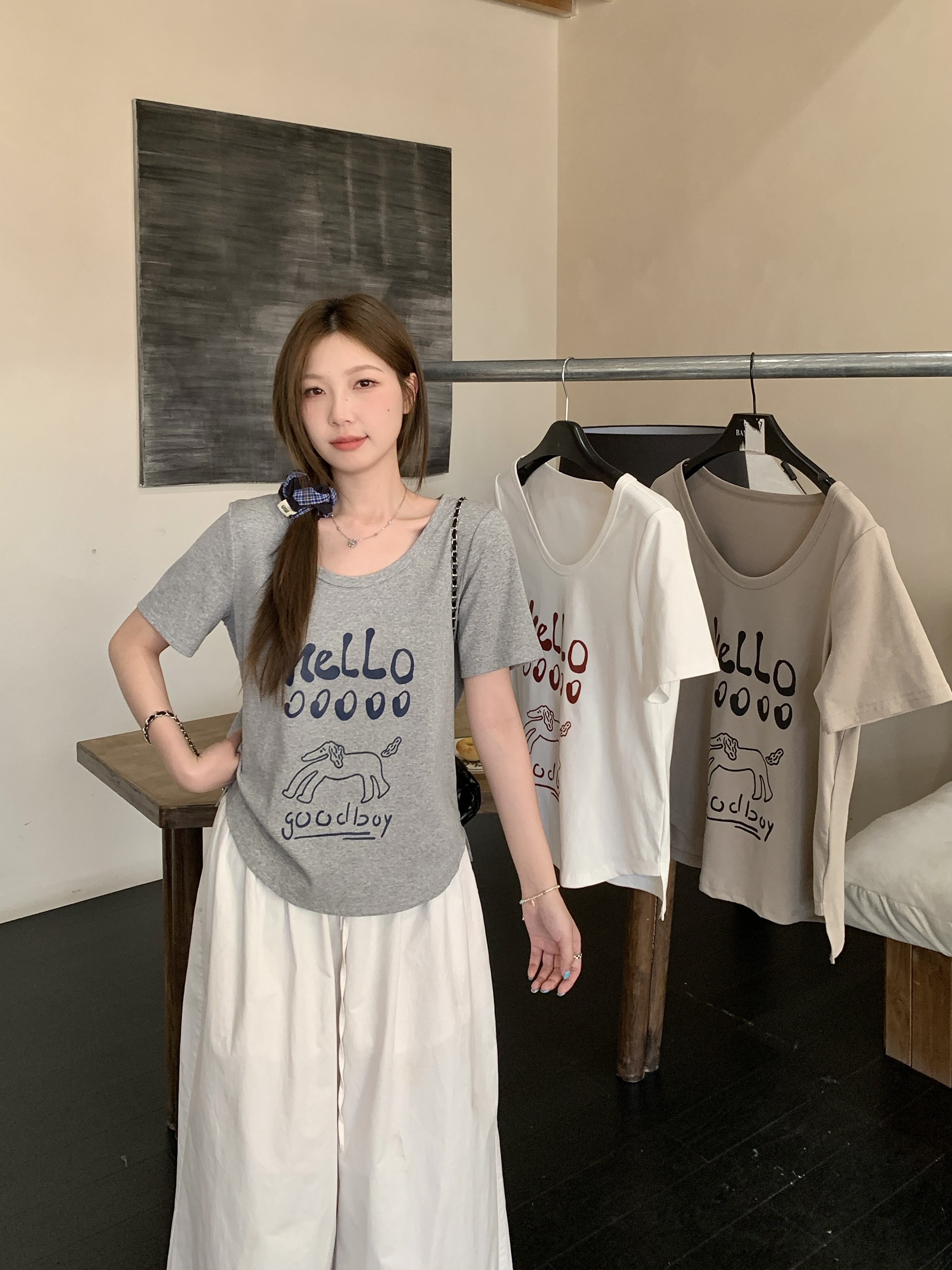 2025夏装新款胖mm大码韩系慵懒正肩短袖T恤印花显瘦百搭上衣64088