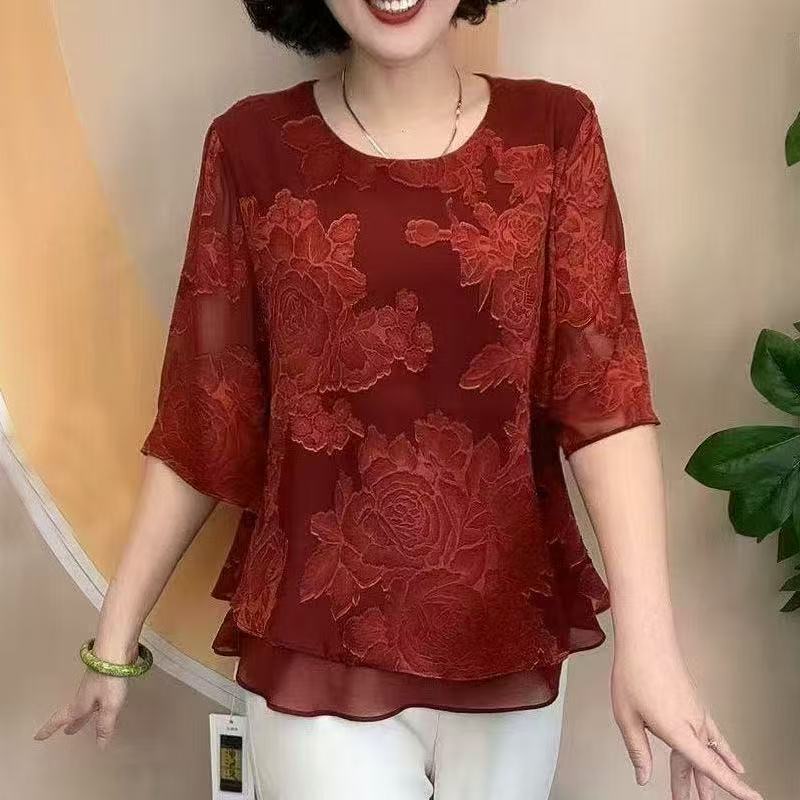 2025夏季新款洋气减龄宽松百搭衫时尚气质国风提花妈妈装中袖上衣