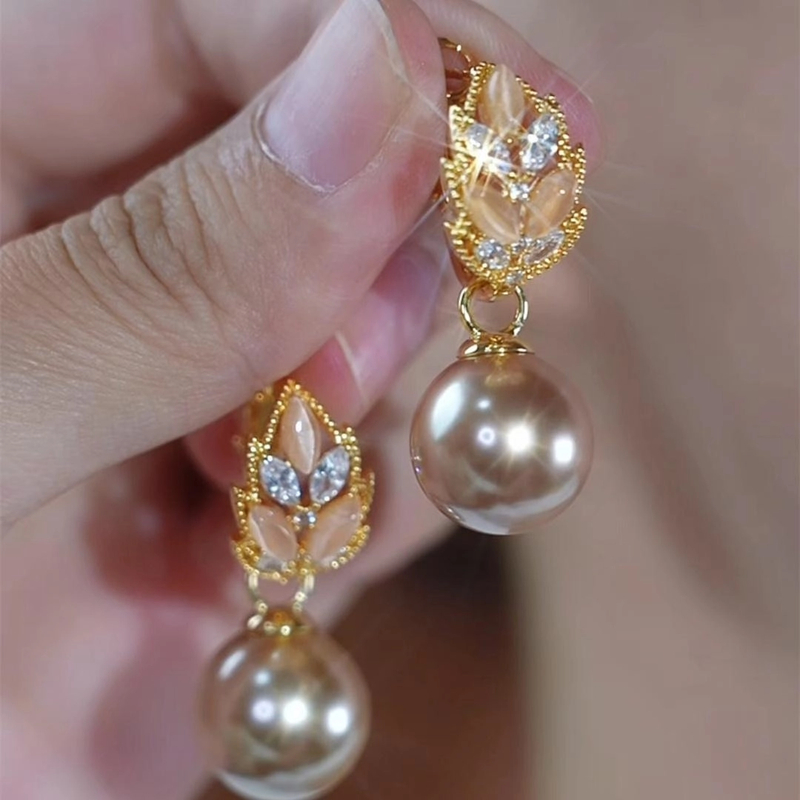 合金耳饰 【九块九一对】麦穗香槟色珠珠耳扣设计感耳坠新款配饰