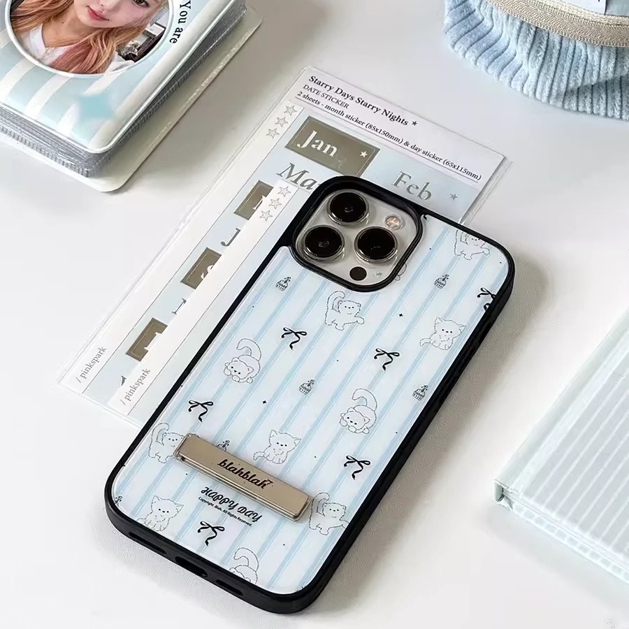 条纹猫咪金属支架适用苹果17pro玻璃手机壳iPhone16女15新款13