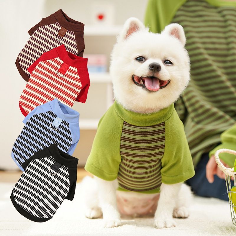 宠物衣服可牵引秋冬天保暖德绒打底衫中小型犬狗狗猫咪条纹两脚衣