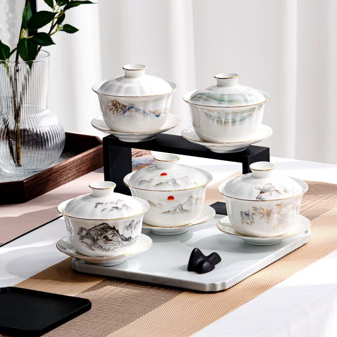 高档轻奢骨瓷三才盖碗陶瓷茶具家用泡茶碗防烫茶杯4.5盖碗320ml