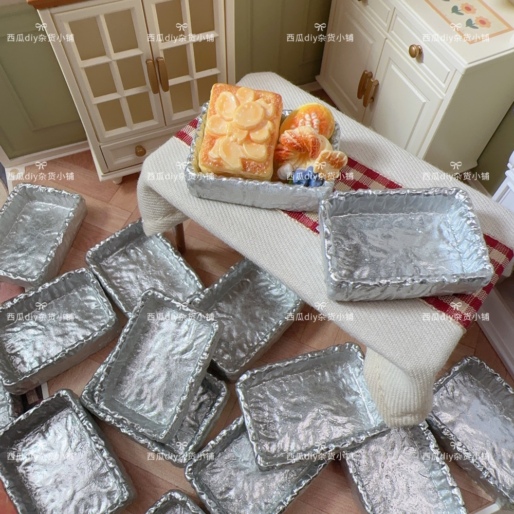 仿真微缩食玩锡纸盒托盘方形盒子diy树脂配件娃屋捏捏餐盘冰箱贴