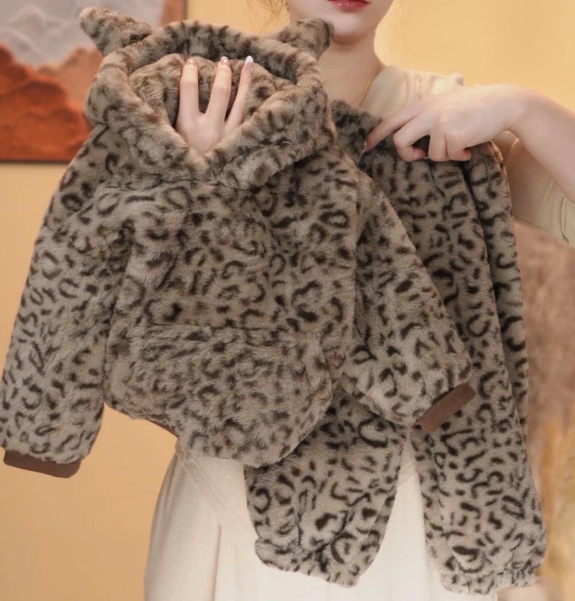 【加绒加厚】卡通风仿兔毛加绒套头豹纹秋冬连帽卫衣套装冬季厚款