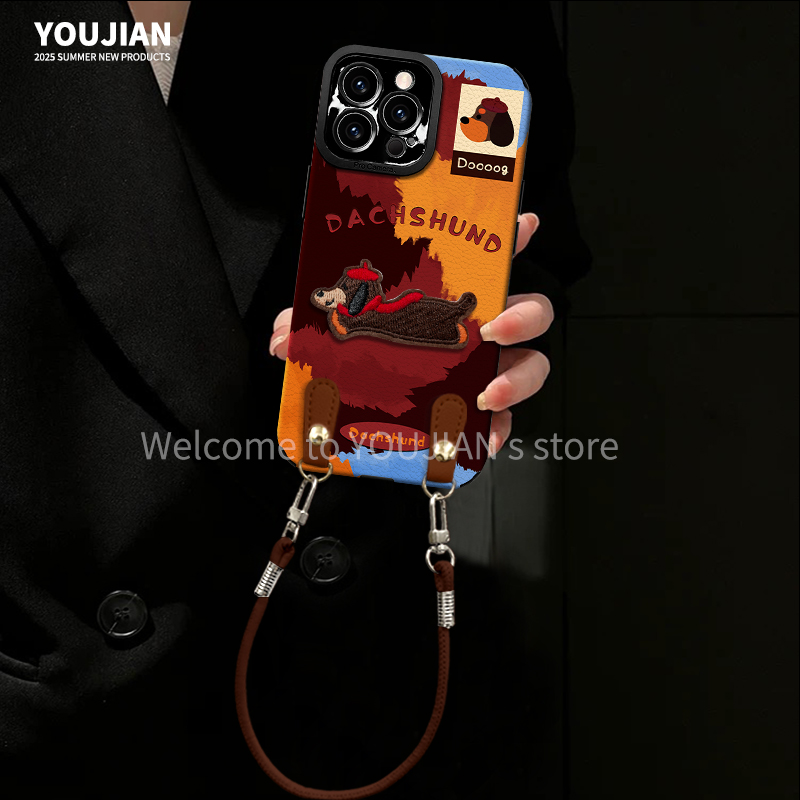 适用【苹果/oppo/华为/vivo/小米】秋冬复古油画风腊肠狗网红防摔女