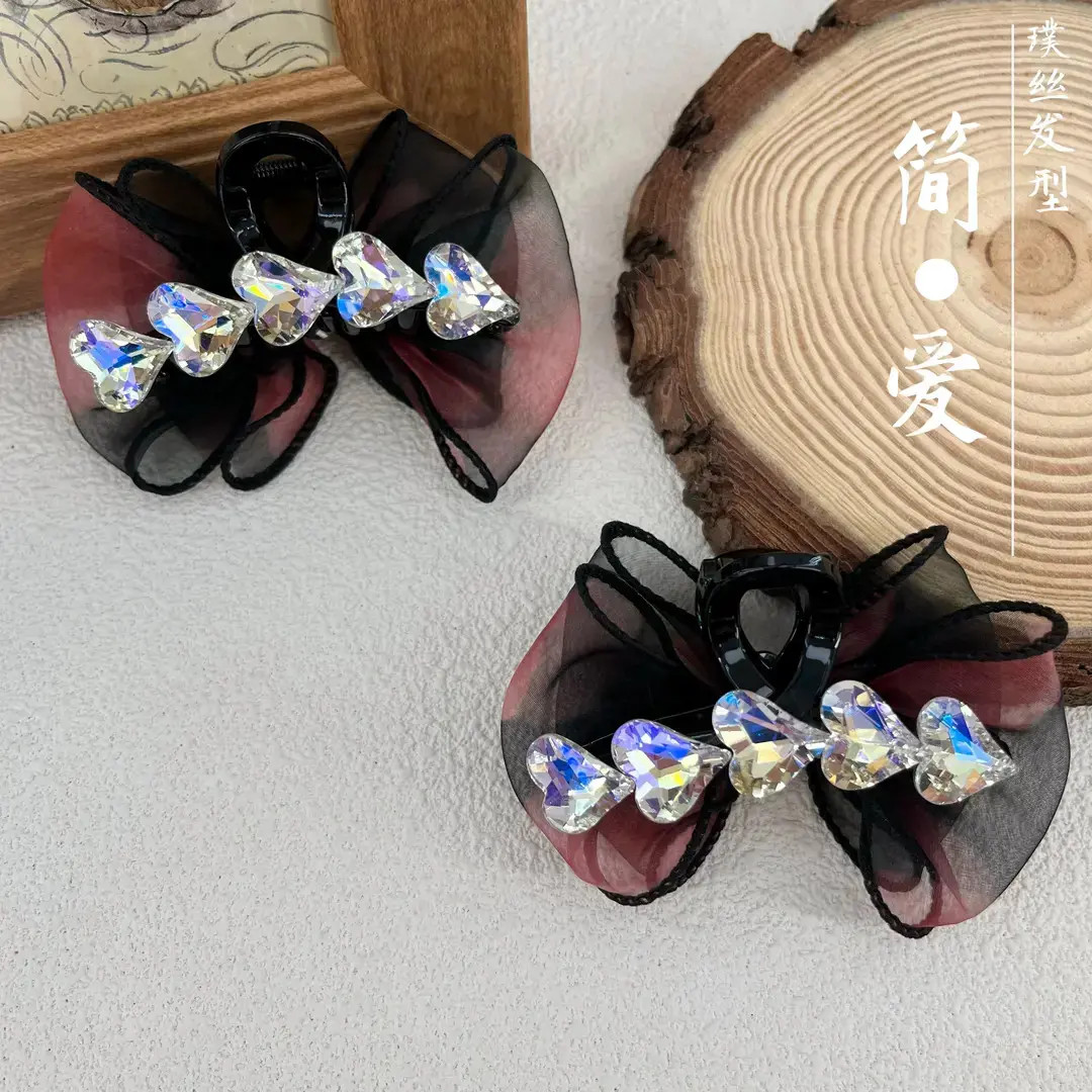 森系时尚气质AB面爱心月光水钻泡泡纱抓夹7cm盘发器