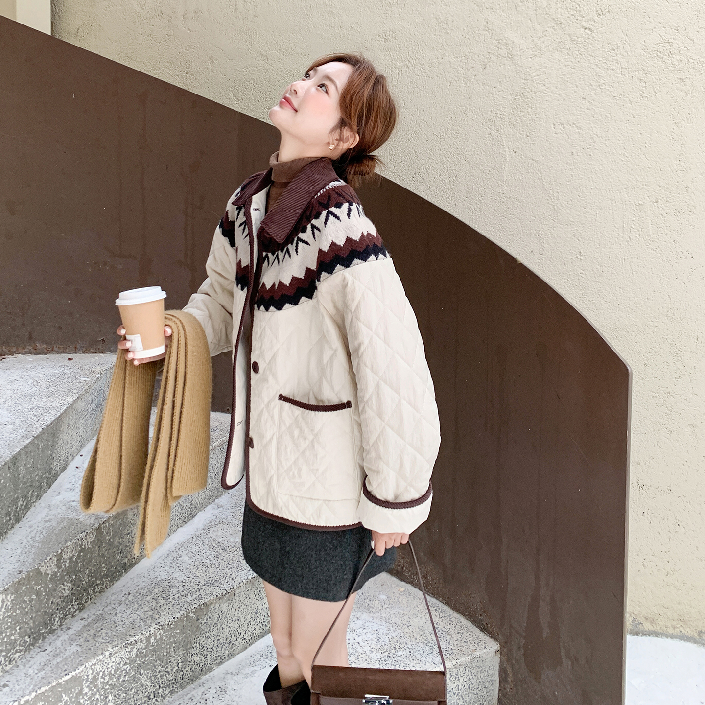 韩系复古撞色菱格轻薄棉服外套女秋冬2025新款巨好看休闲夹棉夹克