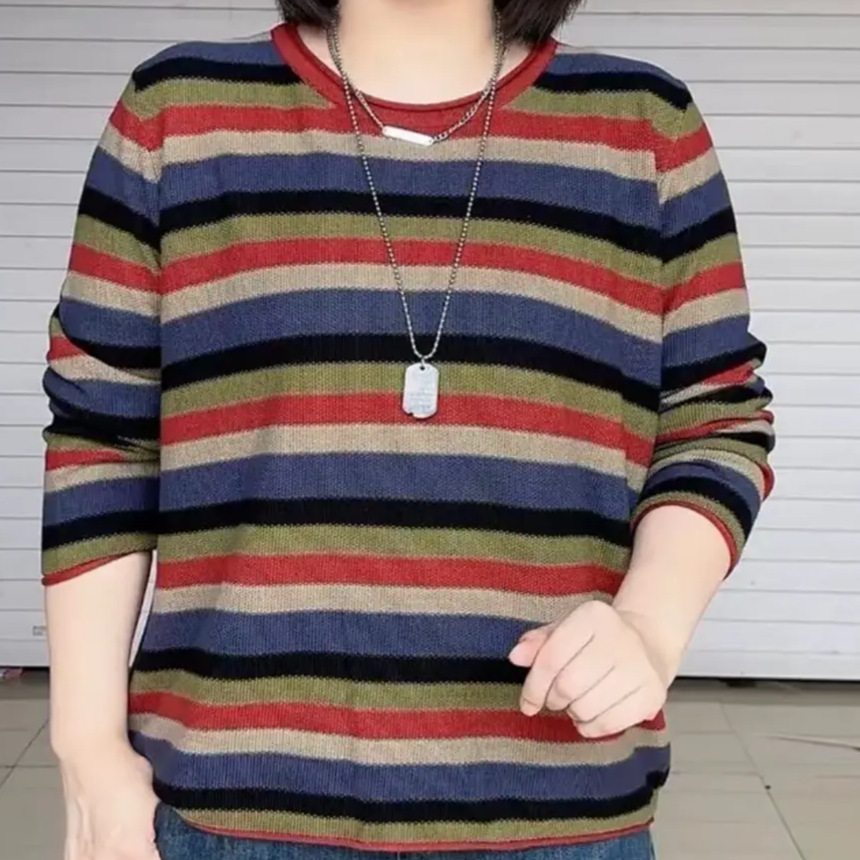 拼接秋季打底慵懒风条纹t恤女漂亮时尚减龄休闲长袖上衣洋气百搭