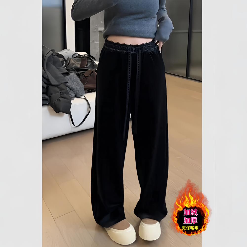 冬季新款加绒加厚休闲裤女士大码梨形身材显瘦蕾丝飘带丝绒阔腿裤