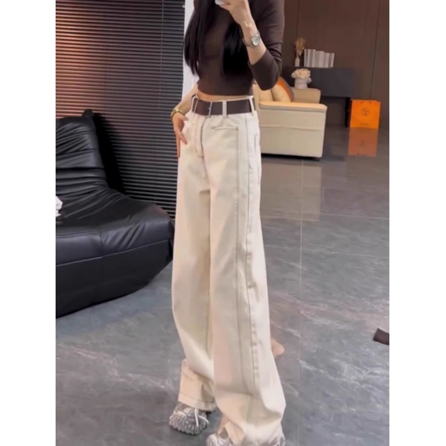 小个子白色高腰窄版阔腿牛仔裤女秋季新款大码胖梨形身材拖地睡衣