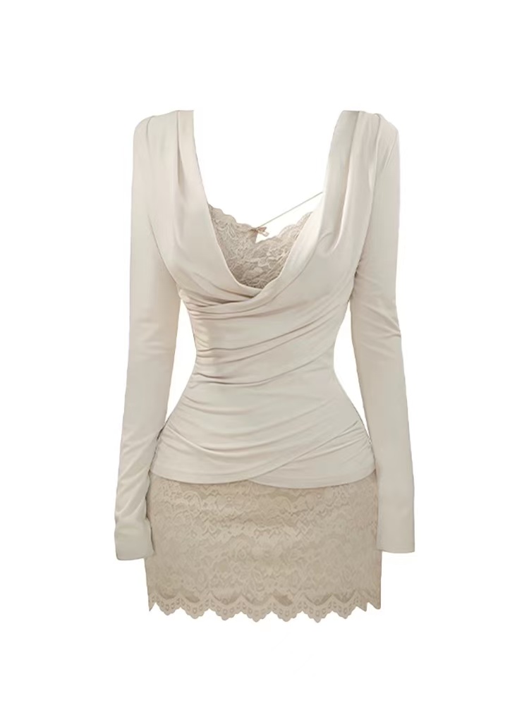 【花城秘境】纯欲不规则蕾丝连衣裙女秋性感收腰包臀裙V领两件套