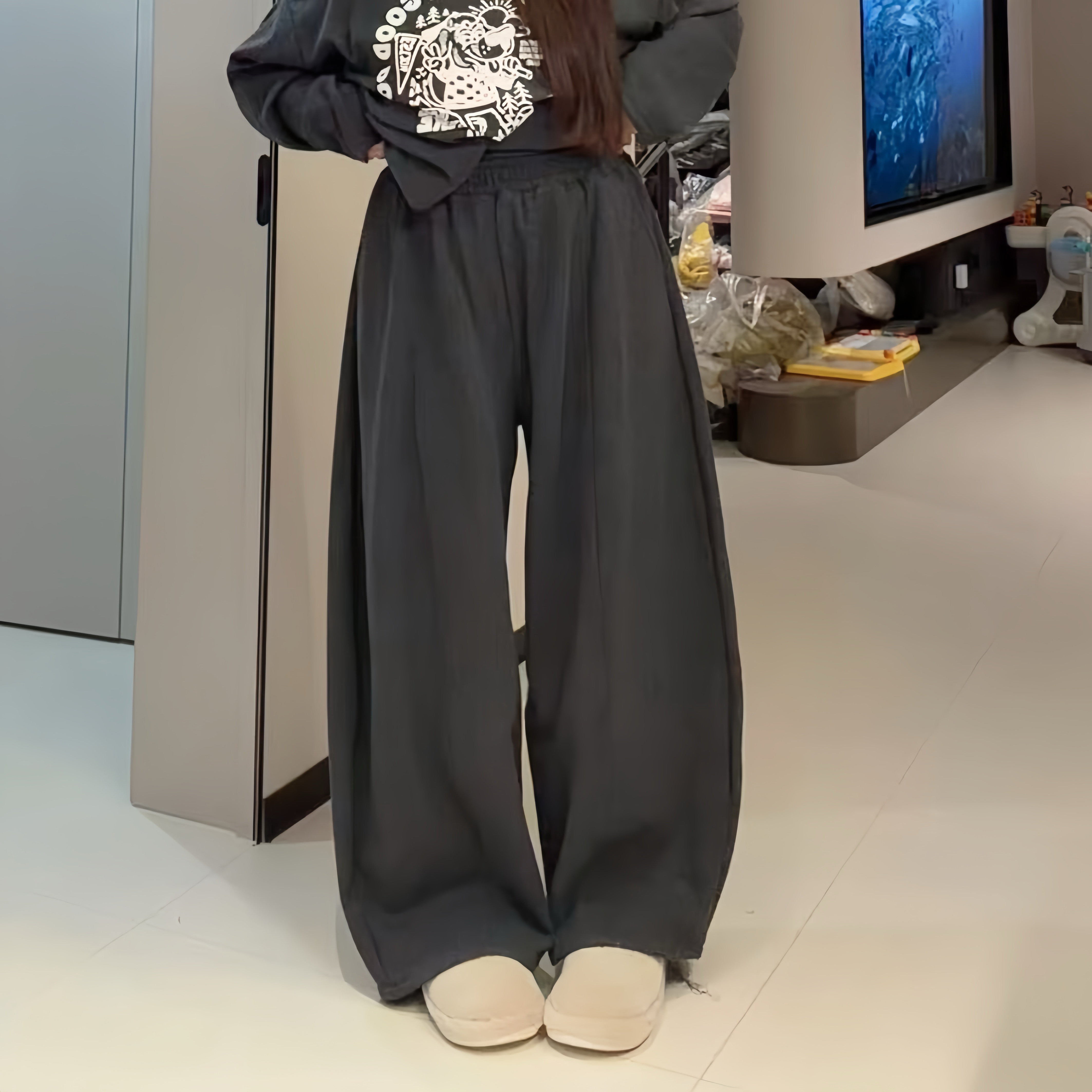 冬季新款大码加厚休闲风百搭显瘦加绒弯刀修身阔腿裤