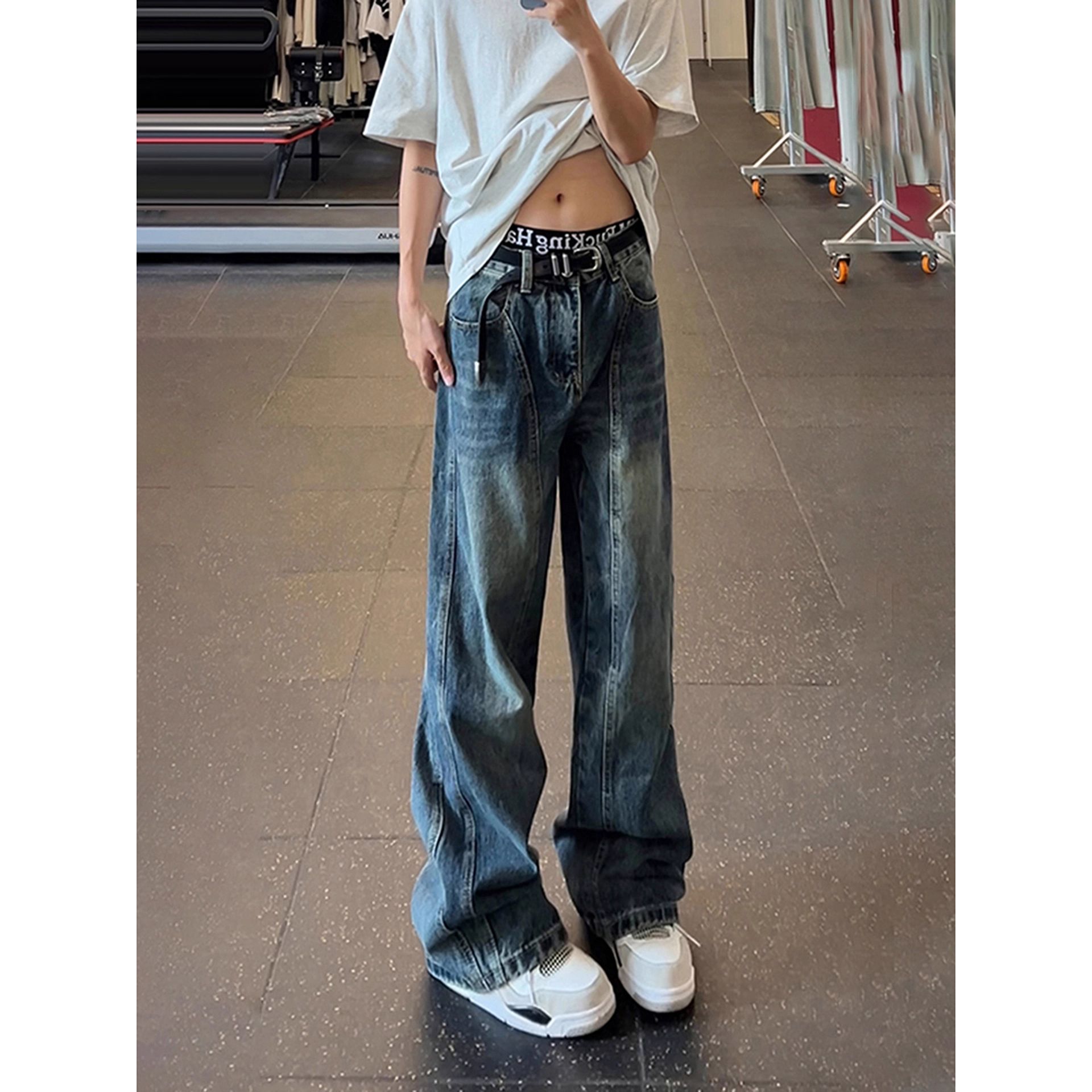 美式复古做旧水洗牛仔裤男款秋季vibe裤子显瘦高腰伐木弯刀工装裤