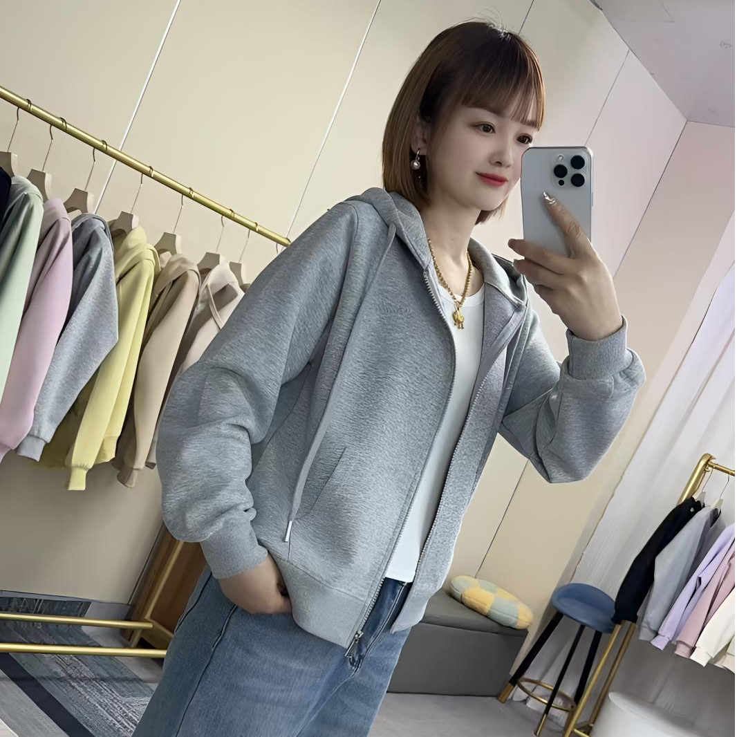 9008正肩（加绒/不加绒）连帽休闲外套短款卫衣拉链开衫刺绣秋冬女