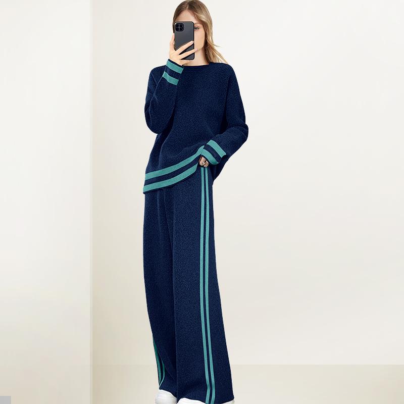 宽松毛衣阔腿裤套装女2025年秋装新款撞色套头上衣裤子减龄两件套