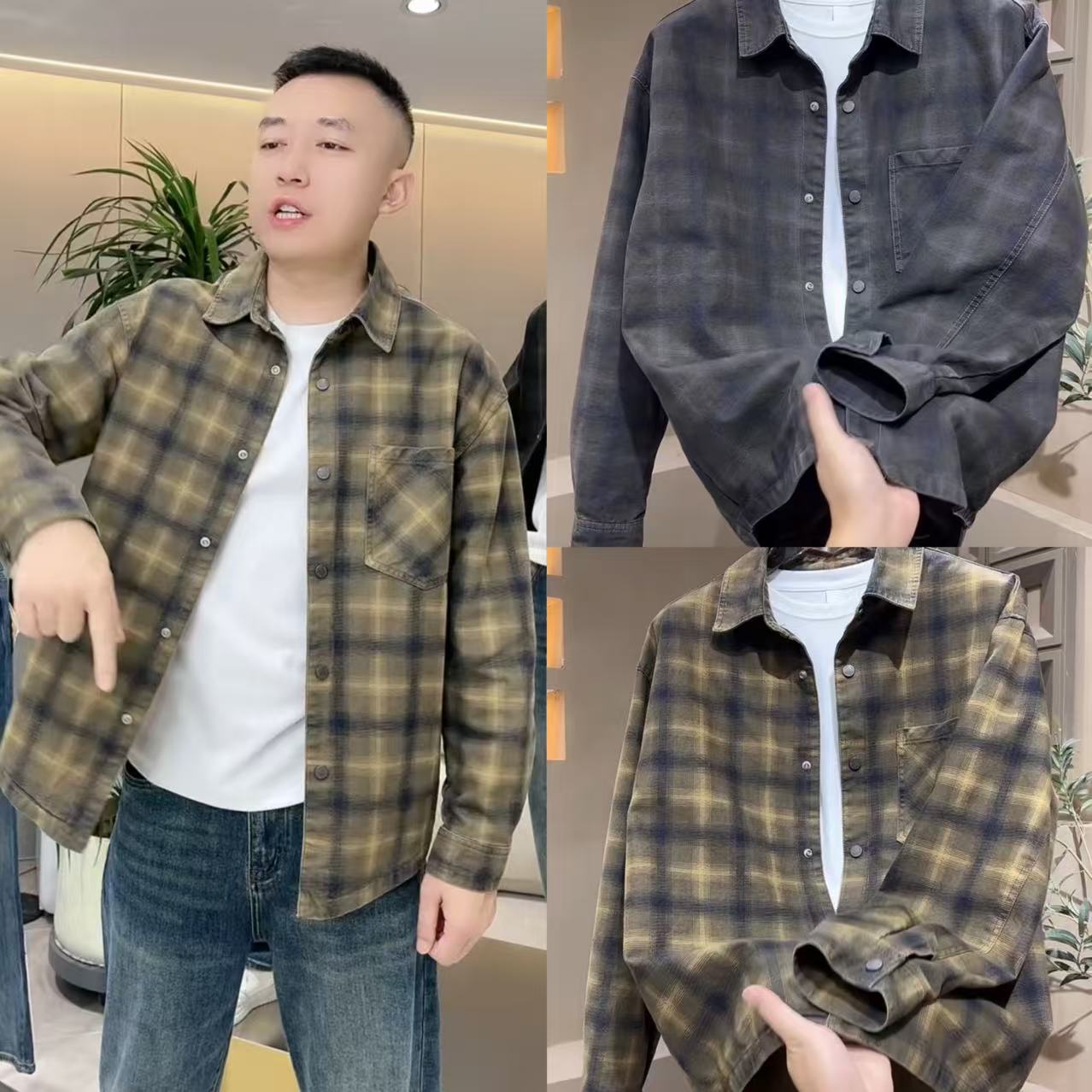 【情侣款牛仔外套】25秋季潮流百搭翻领格衬衣外套长袖开衫夹克上衣