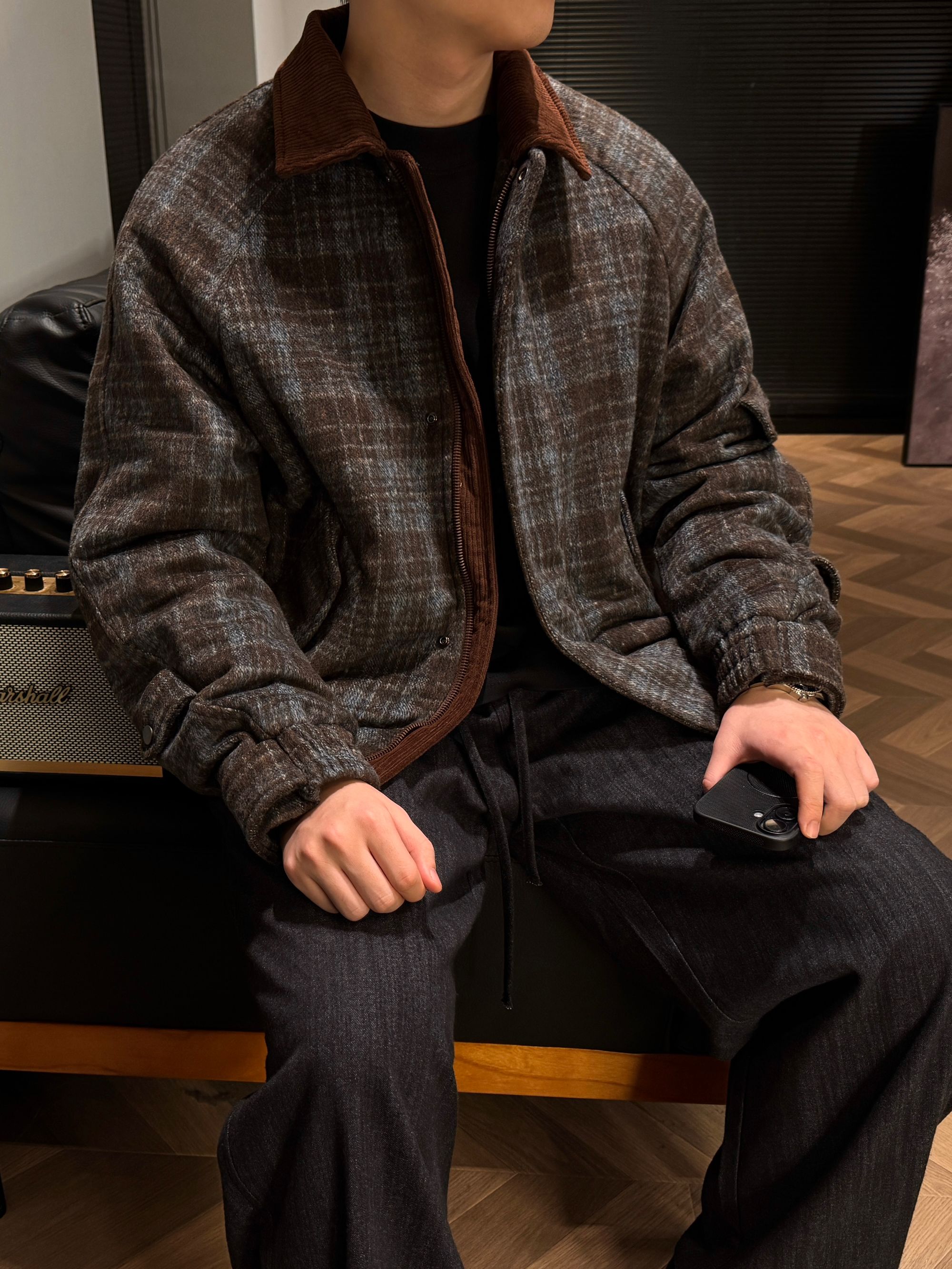 GO SHINE 冬季男士羽绒设计款格纹格子休闲翻领保暖秋冬羽绒服