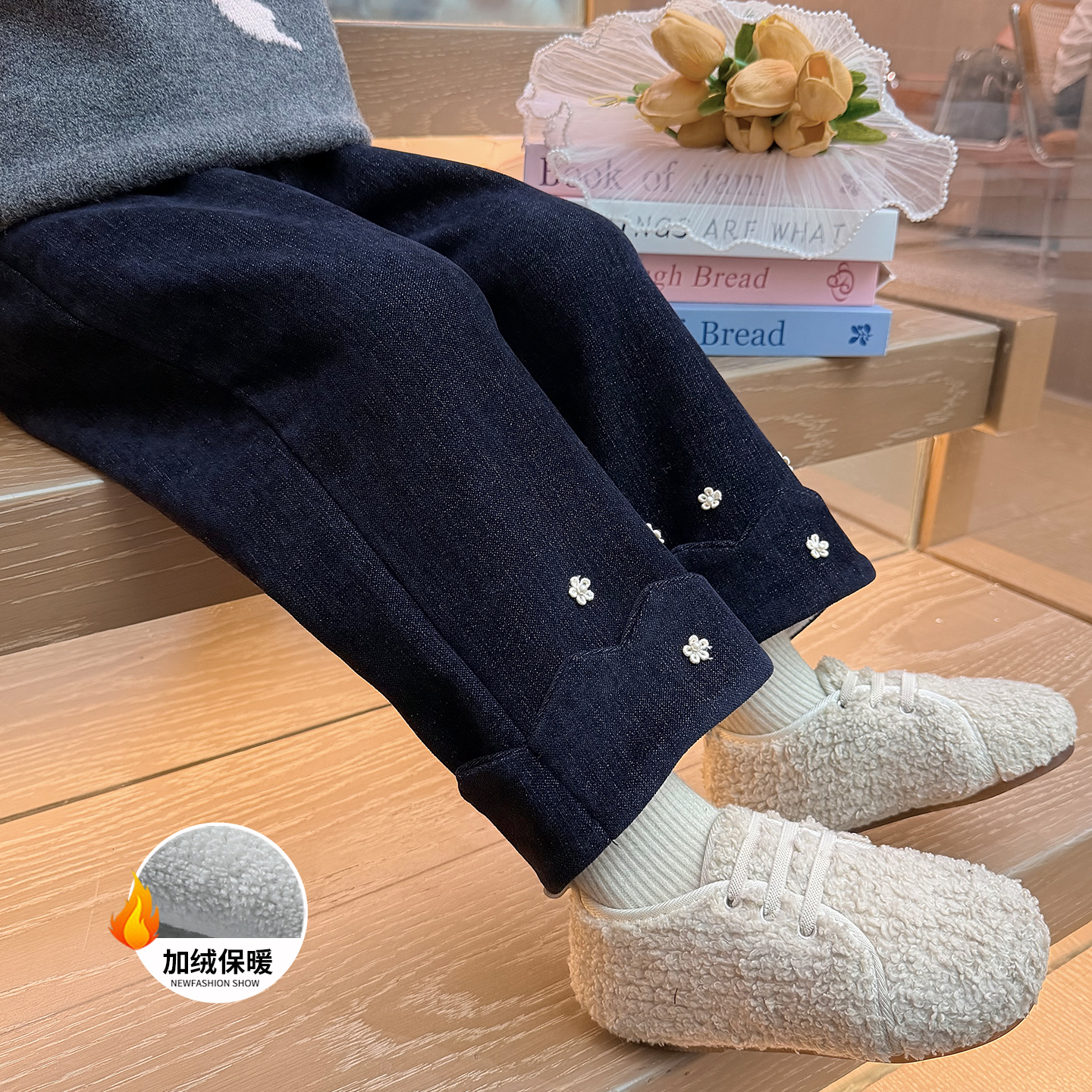 女童加绒直筒牛仔裤洋气秋冬款小女孩加厚裤子女宝宝一体绒休闲裤