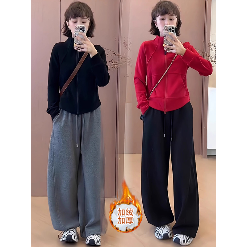 拉夏贝尔加绒时尚套装女秋冬季2025新款立领卫衣阔腿裤休闲两件套