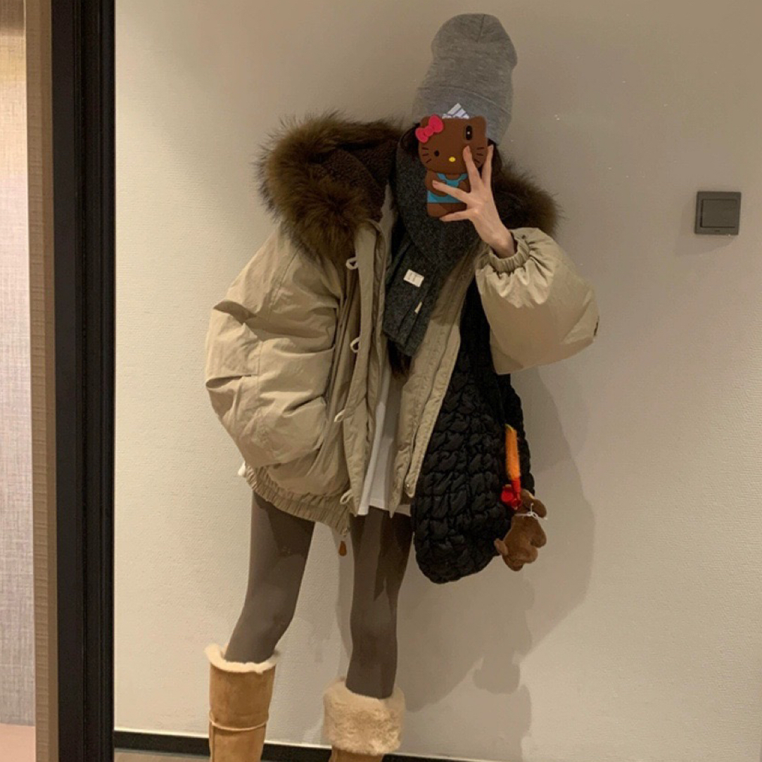 大毛领派克服羽绒棉服女2025冬季新款显瘦短款连帽加厚保暖外套