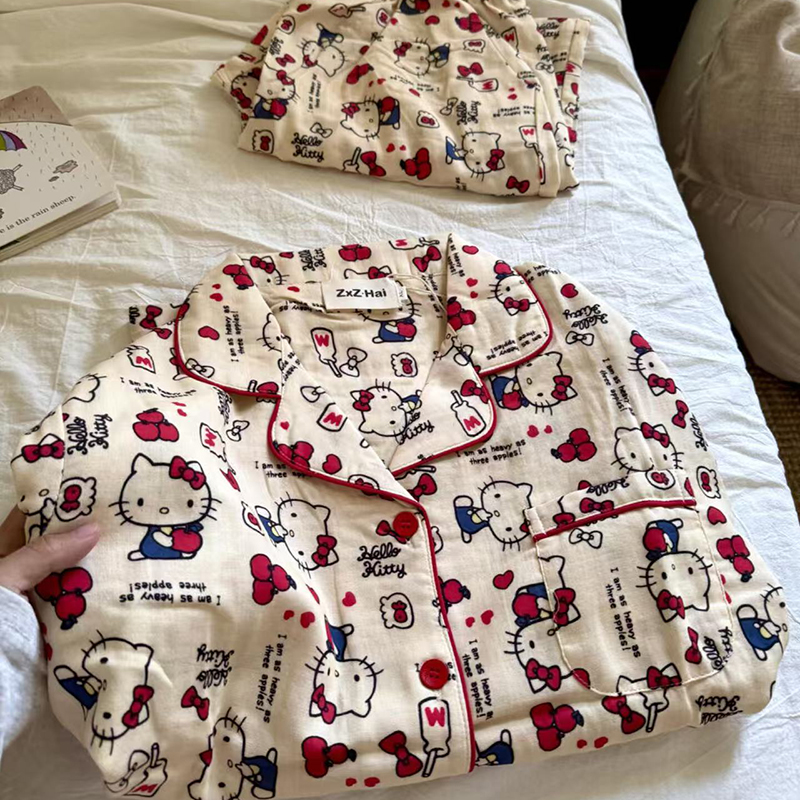 侘町2025年新款苹果Kitty纯棉长袖睡衣套装女春秋卡通休闲家居服