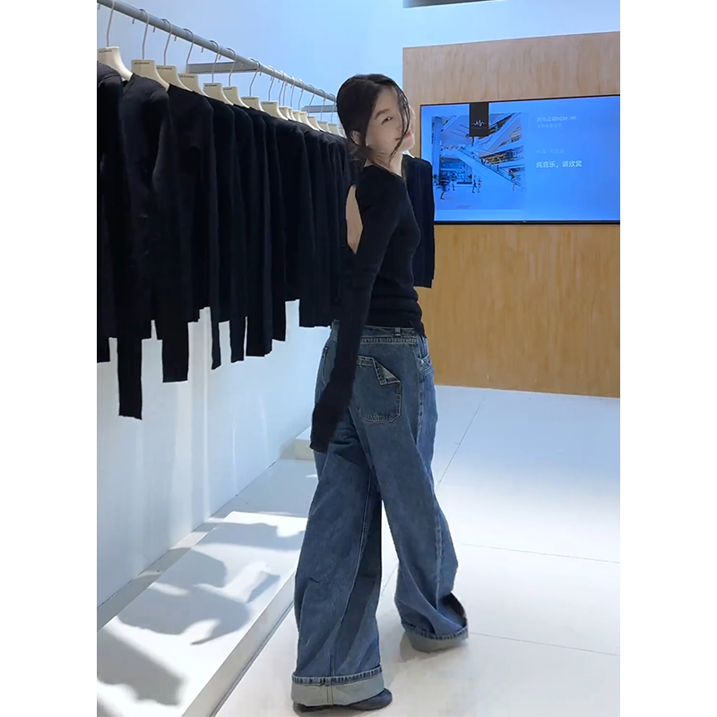 MARIE.COCO秋季新款黑色露背长袖T恤上衣高腰显瘦阔腿牛仔裤套装