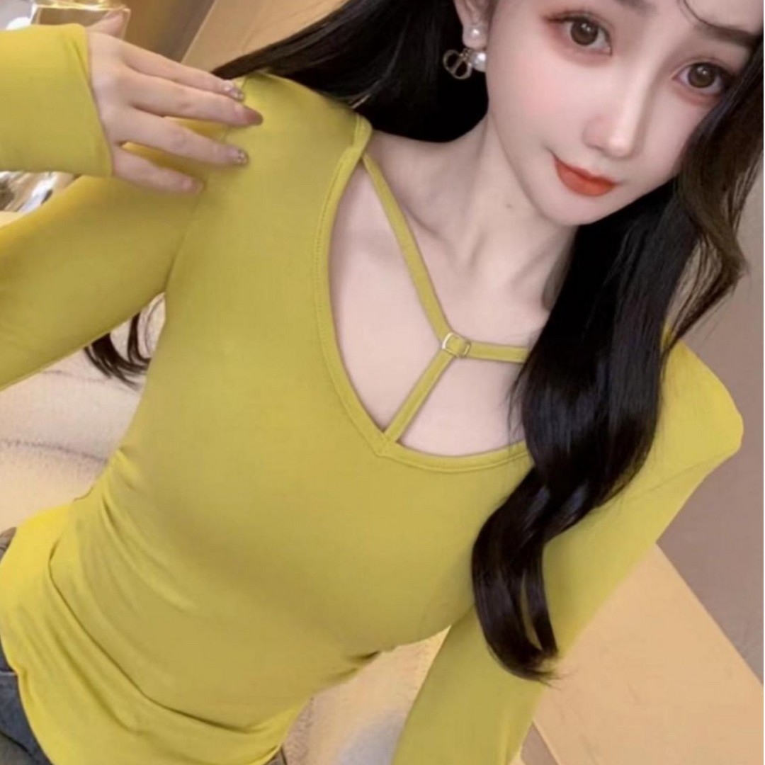 纯欲风辣妹V领长袖T恤女2025春秋新款简约百搭修身显瘦打底衫上衣