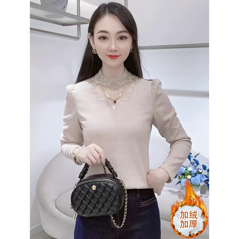 法式加绒加厚长袖T恤女冬季新款时尚花边拼接上衣气质减龄打底衫