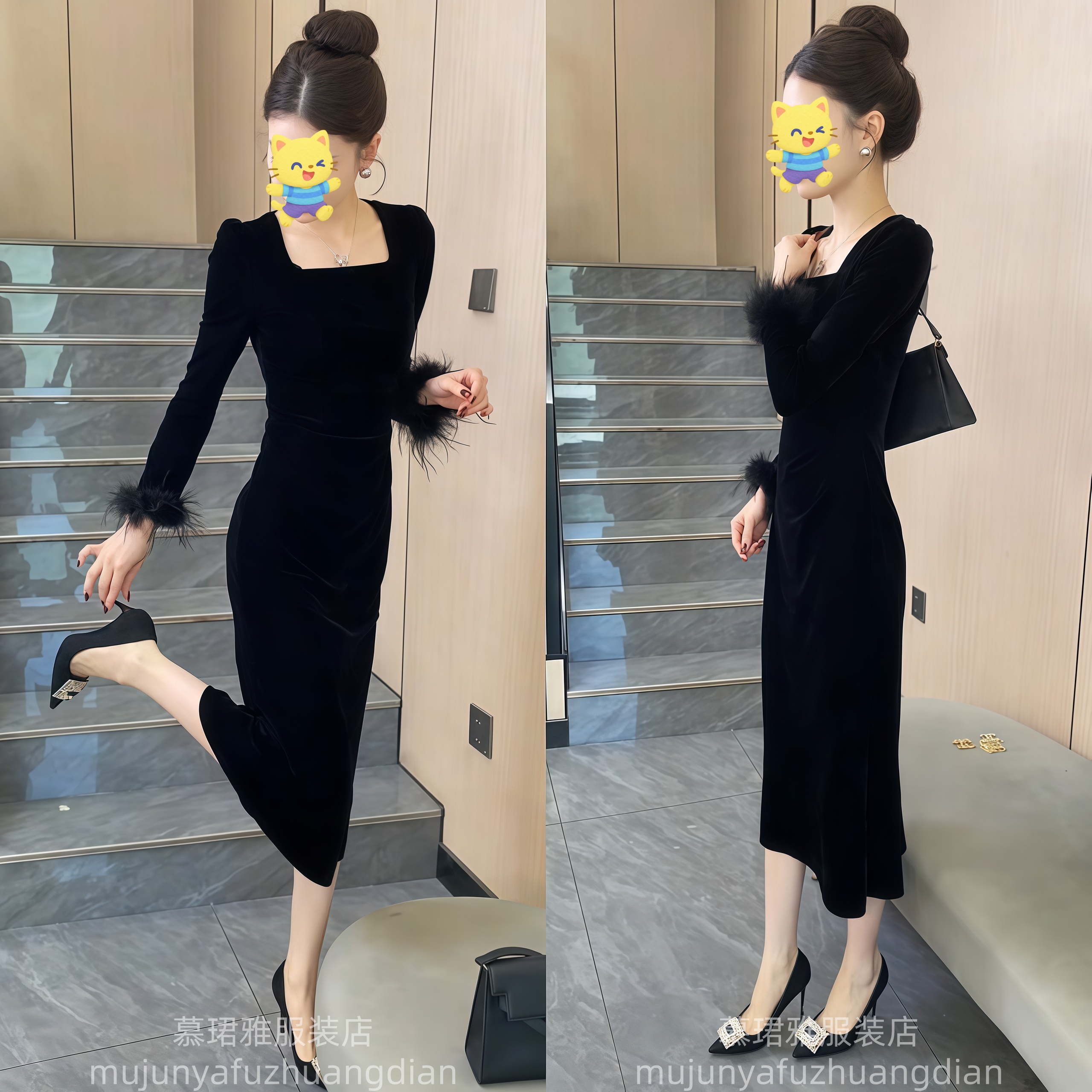 爆款连衣裙女2025秋季新款法式方领羽毛显瘦中长裙