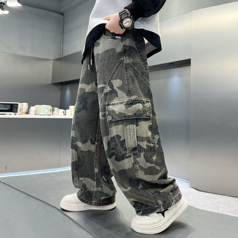 男童春秋工装裤2025新款儿童秋装长裤直筒裤中大童宽松炸街迷彩裤