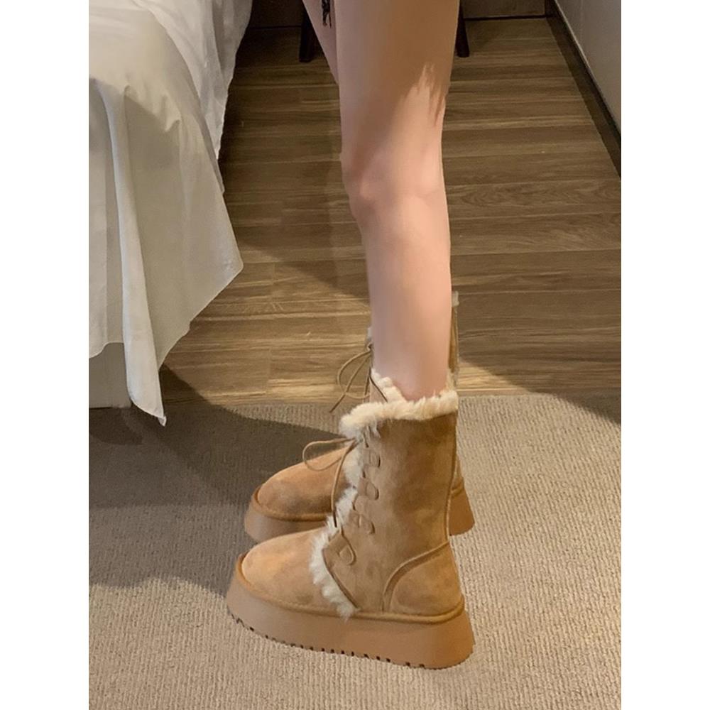 高级定制版！系带双穿雪地靴的妇女冬季厚底中小腿毛皮集成冬季天