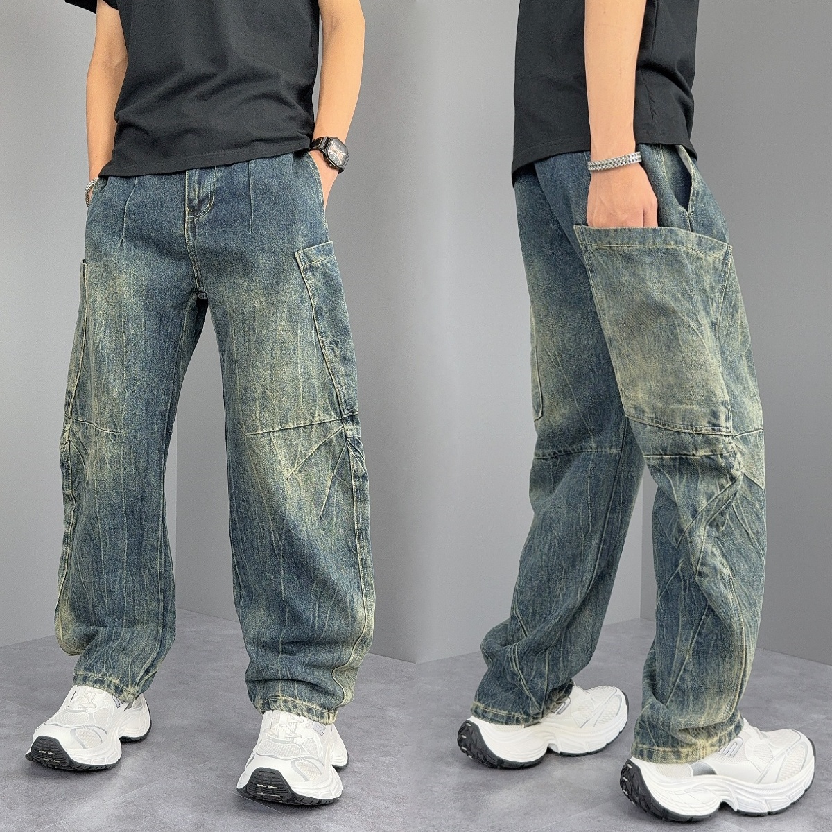 美式高街牛仔裤男秋冬款宽松痞帅百搭直筒工装裤重磅水洗休闲长裤