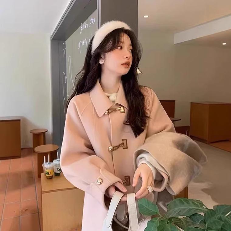 【万达撤柜】秋冬牛角韩系高级外套小个子女扣2025毛呢感大衣新款粉